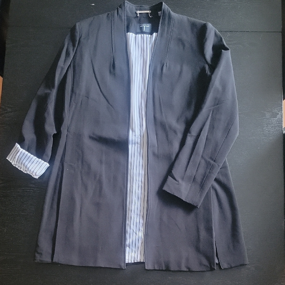 Black Open Front Blazer with Striped Lining